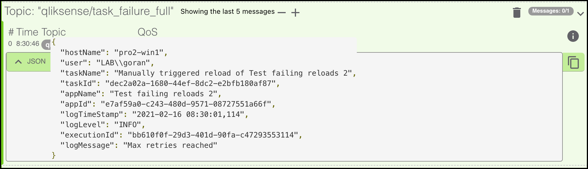 A complete reload task failed message sent via MQTT