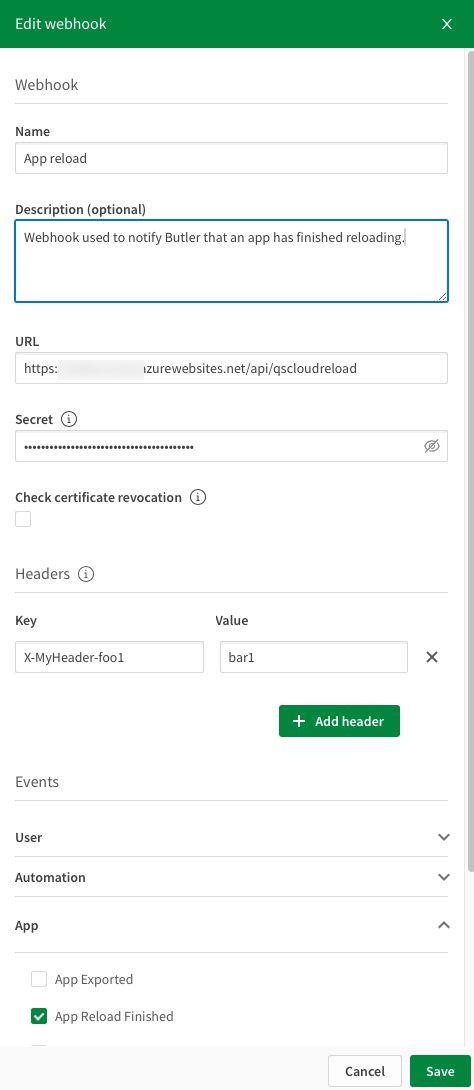 Qlik Cloud webhook definition