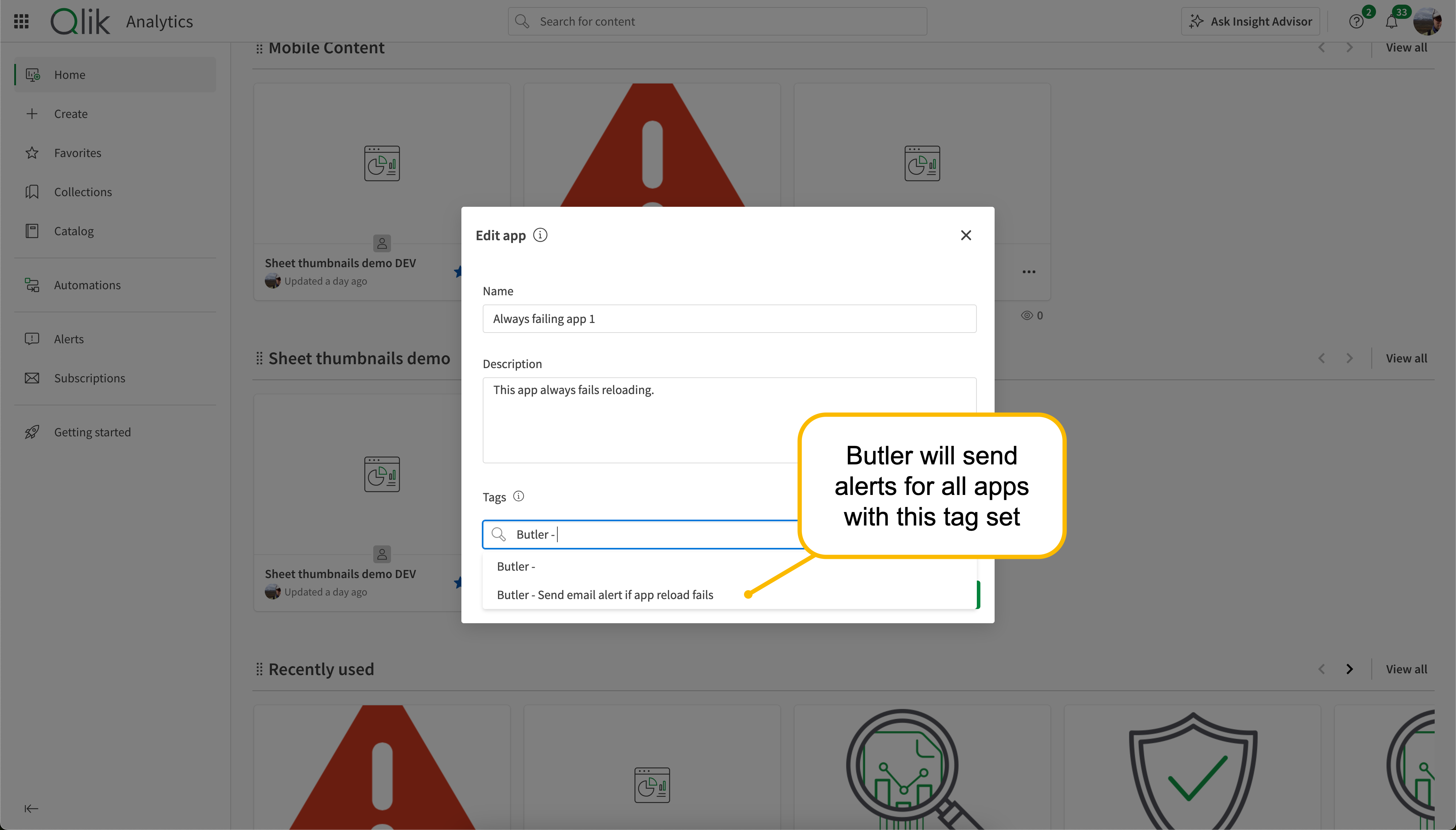 Tagging apps for reload failed alerts in Qlik Sense Cloud