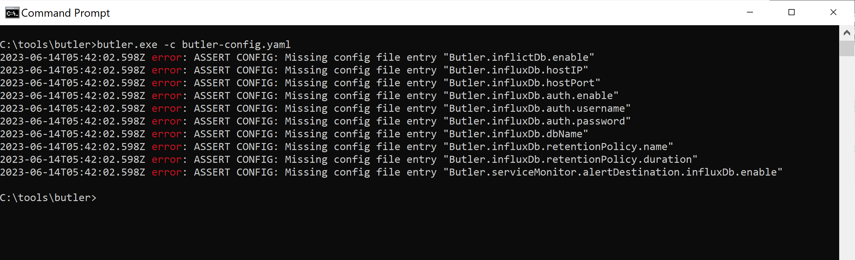 Starting Butler with missing setting in YAML config file