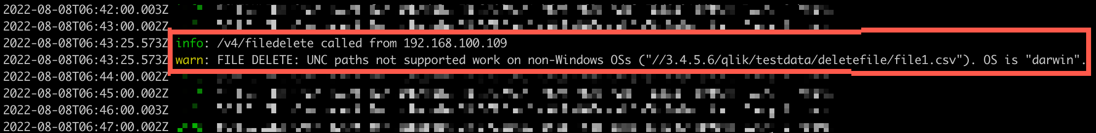Warnings in log for the previous scenario