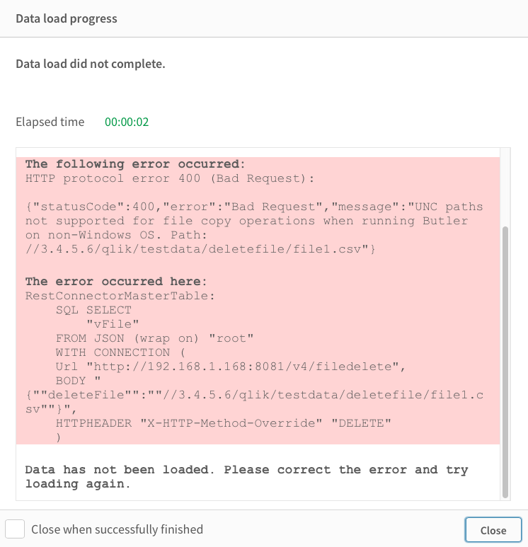 http error returned when trying to delete a file via a UNC path, and Butler is running on macOS