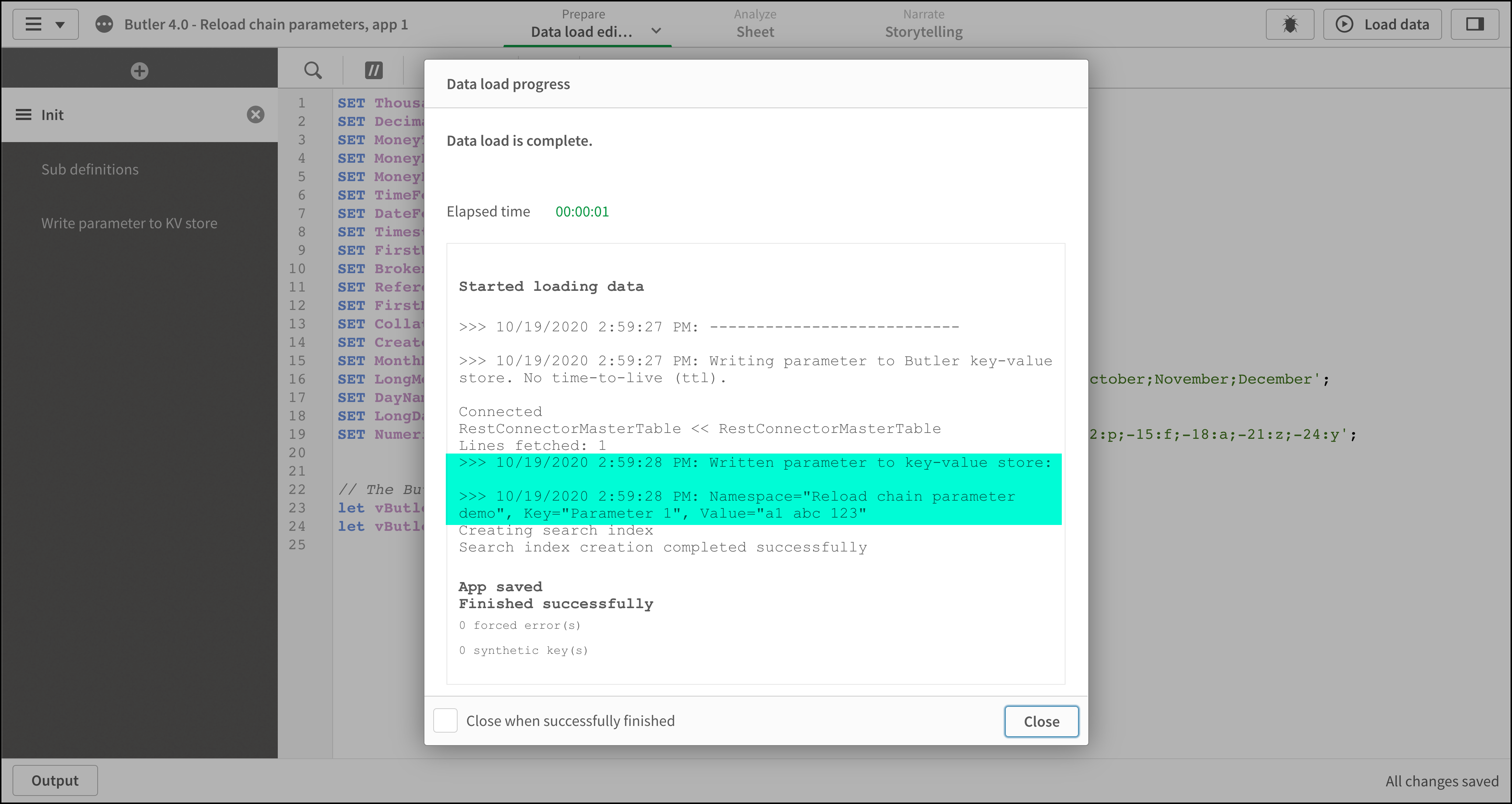 Reload log from App 1, first part of reload chain