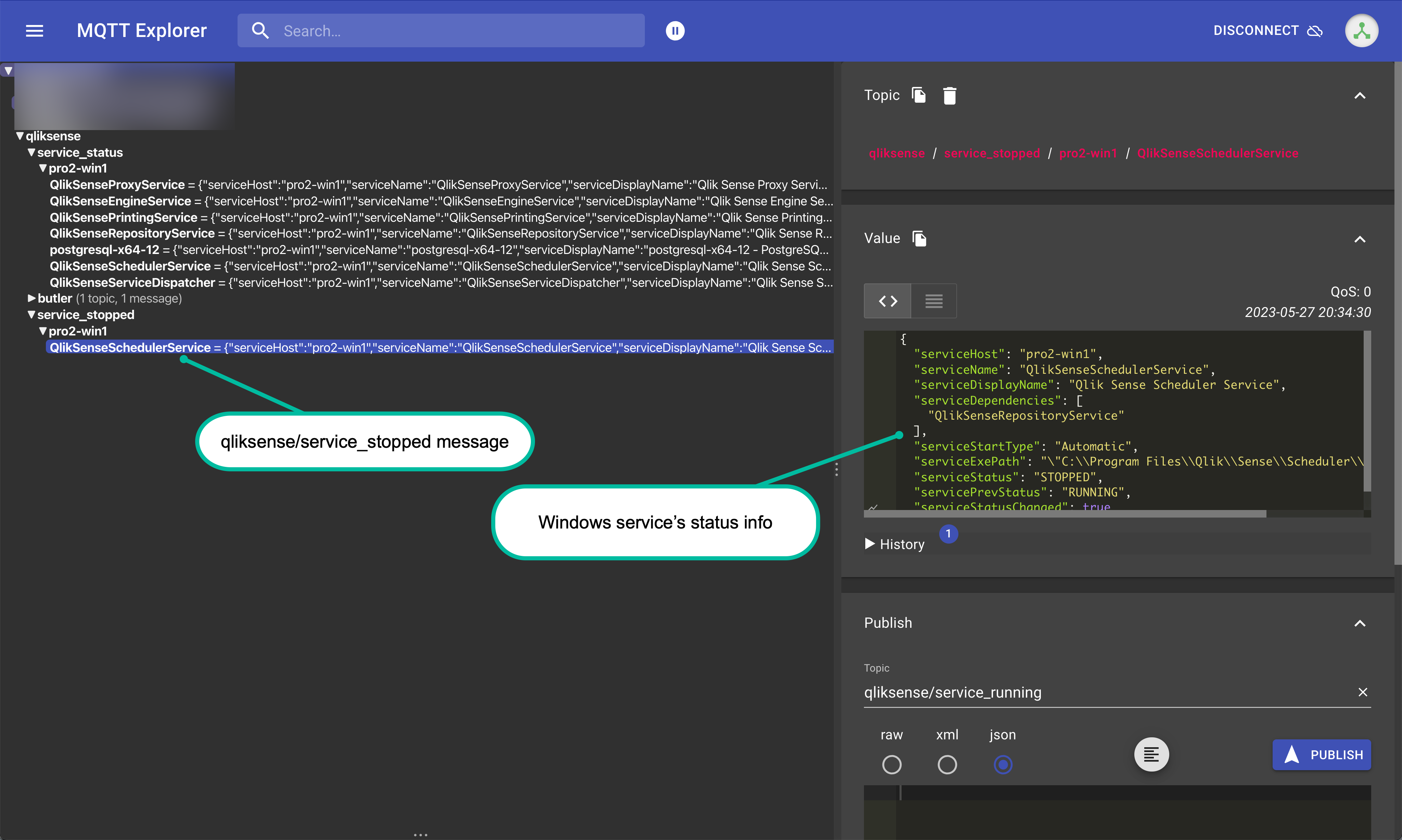 MQTT messages related to Windows services