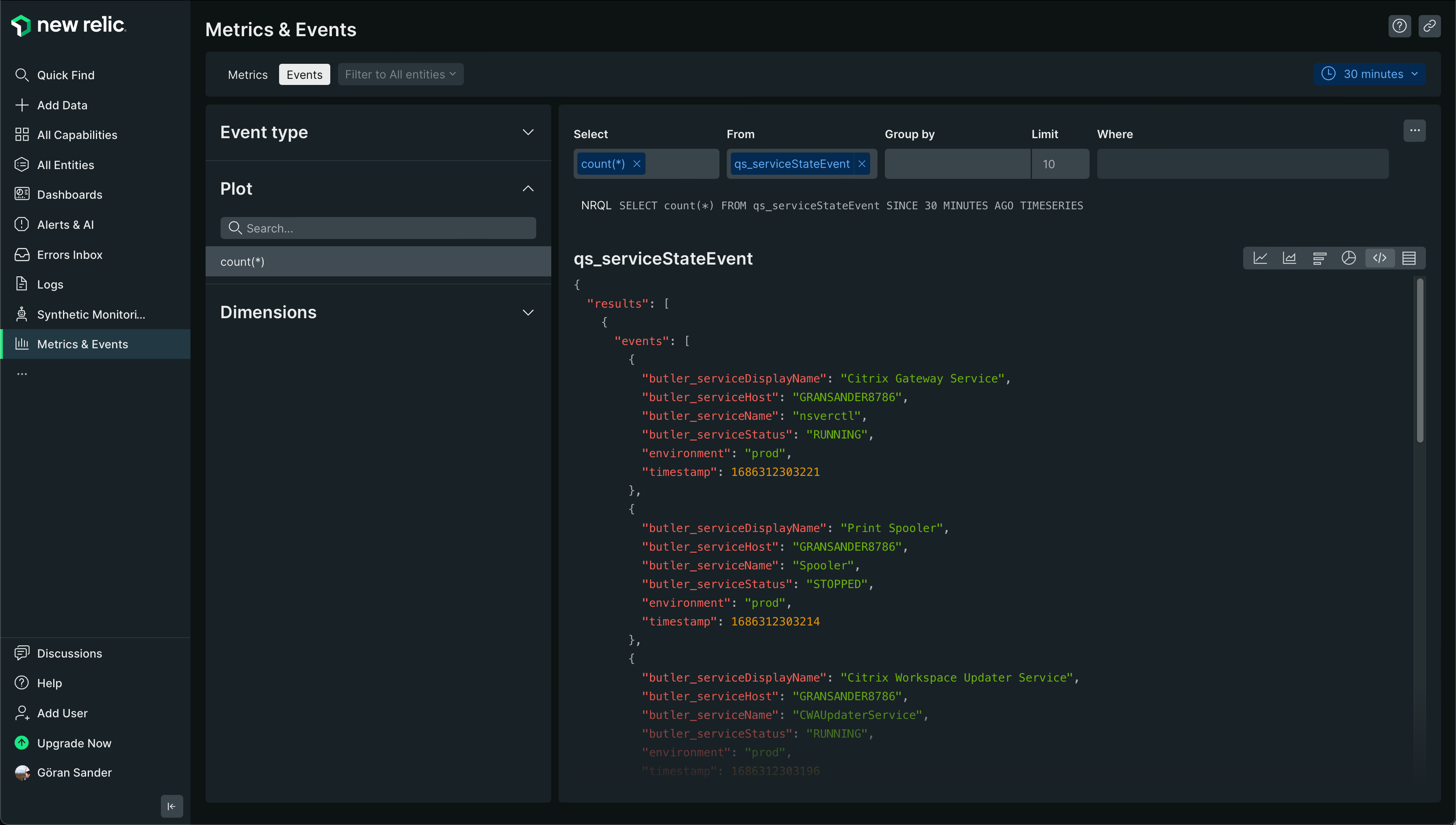 New Relic event for a Windows service alert message