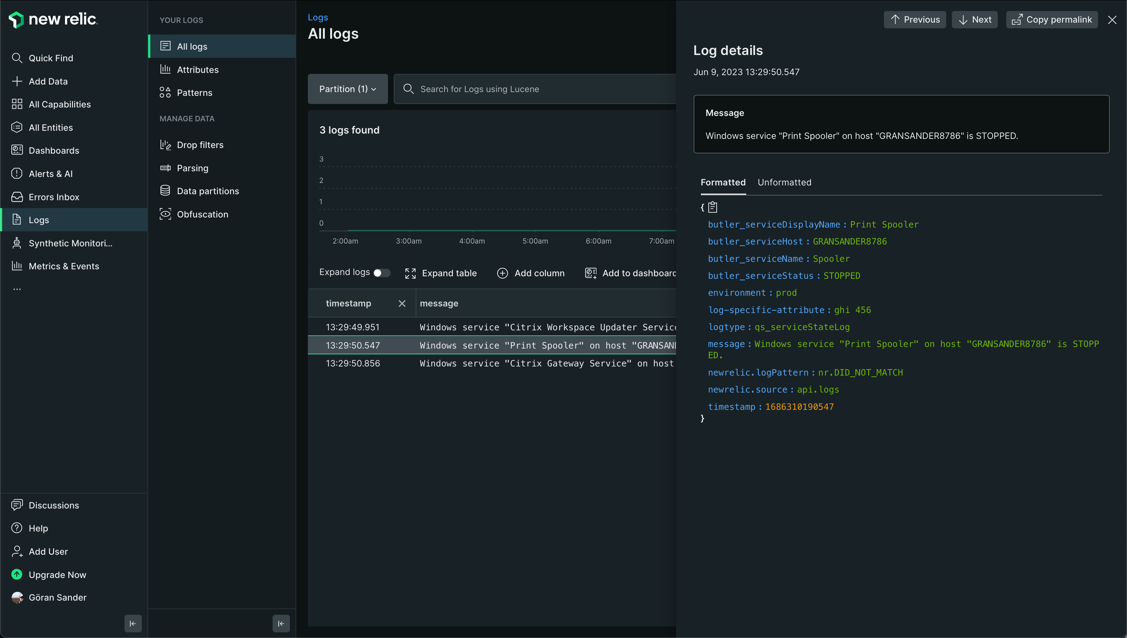 New Relic log entry for a Windows service alert message