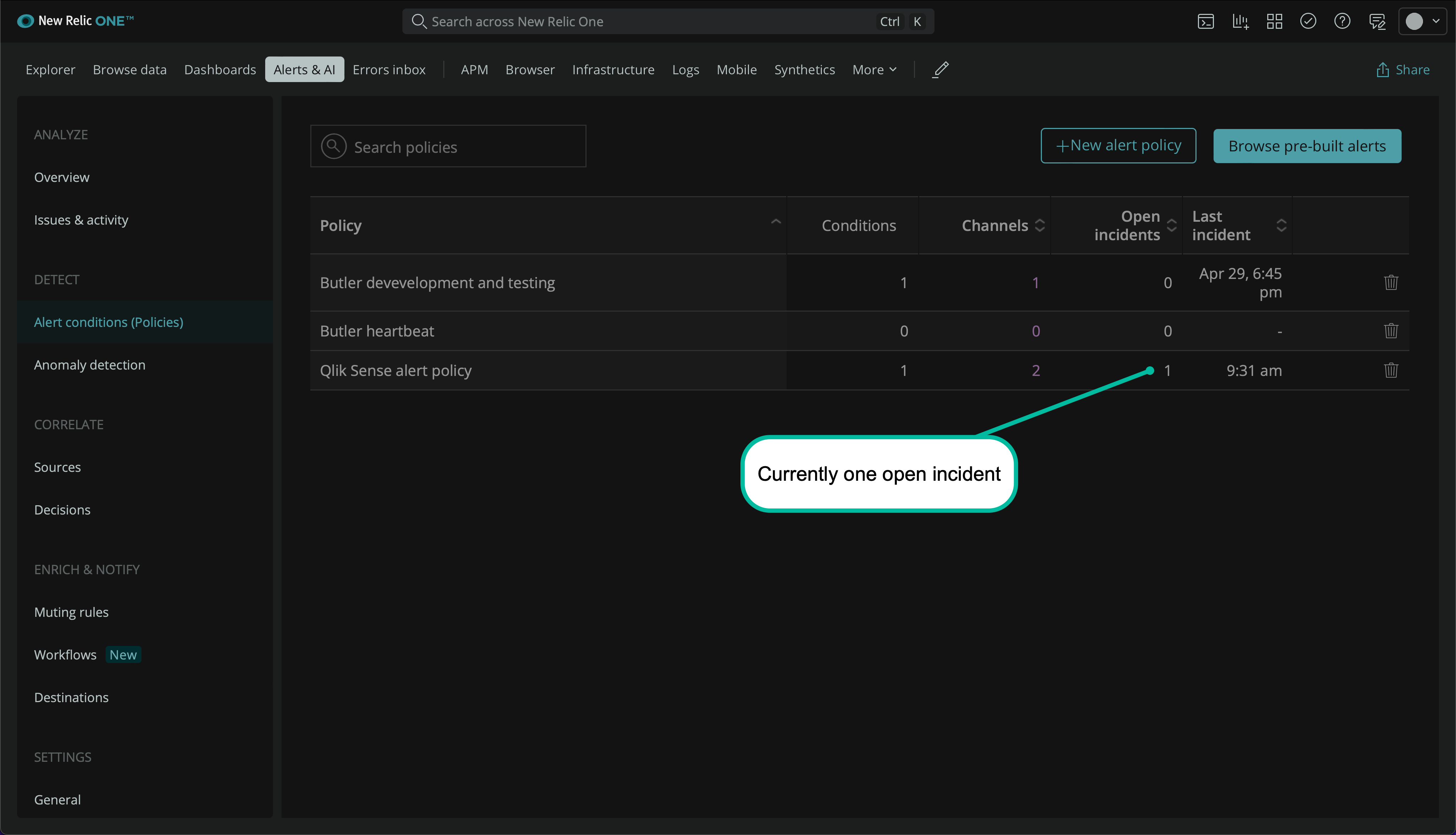 New Relic alert conditions (dark mode)