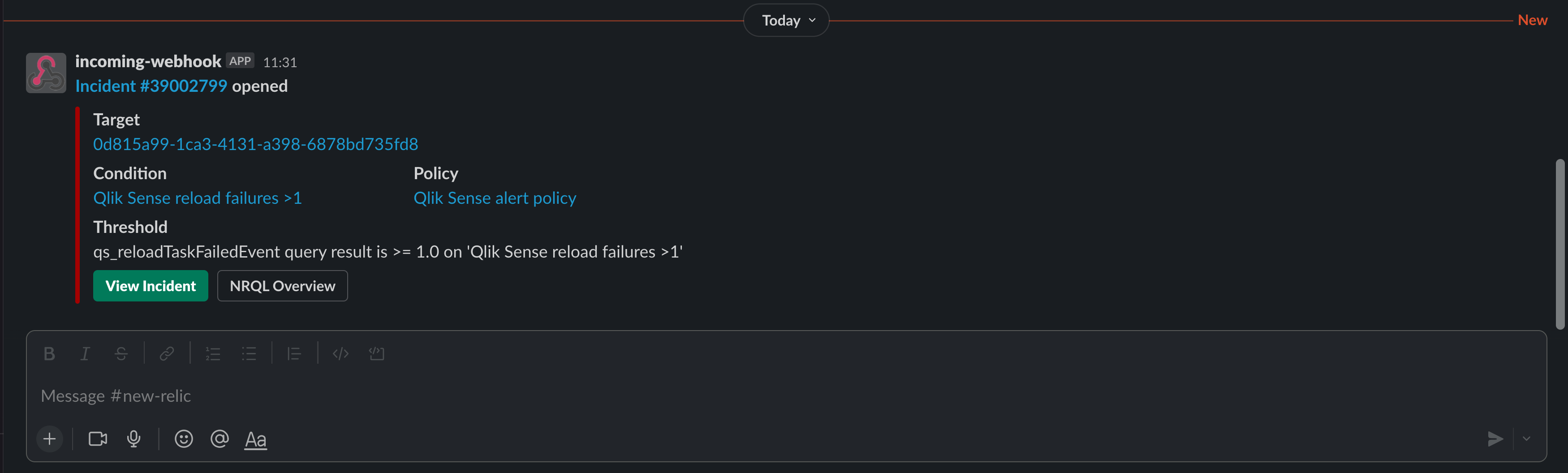 Basic New Relic Slack alert (dark mode)