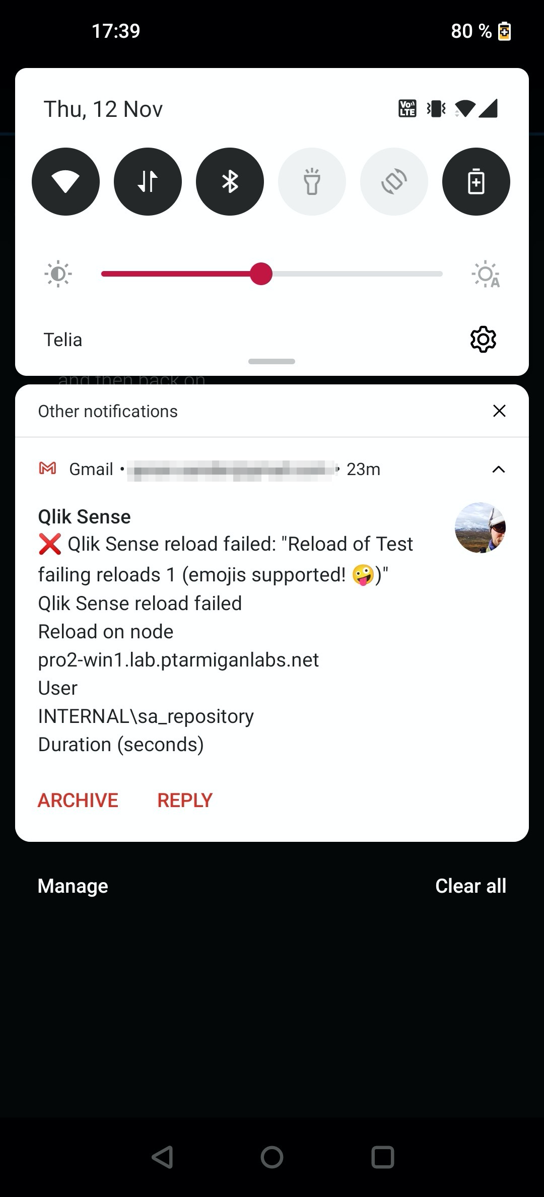 Failed reload alert email on mobile home screen