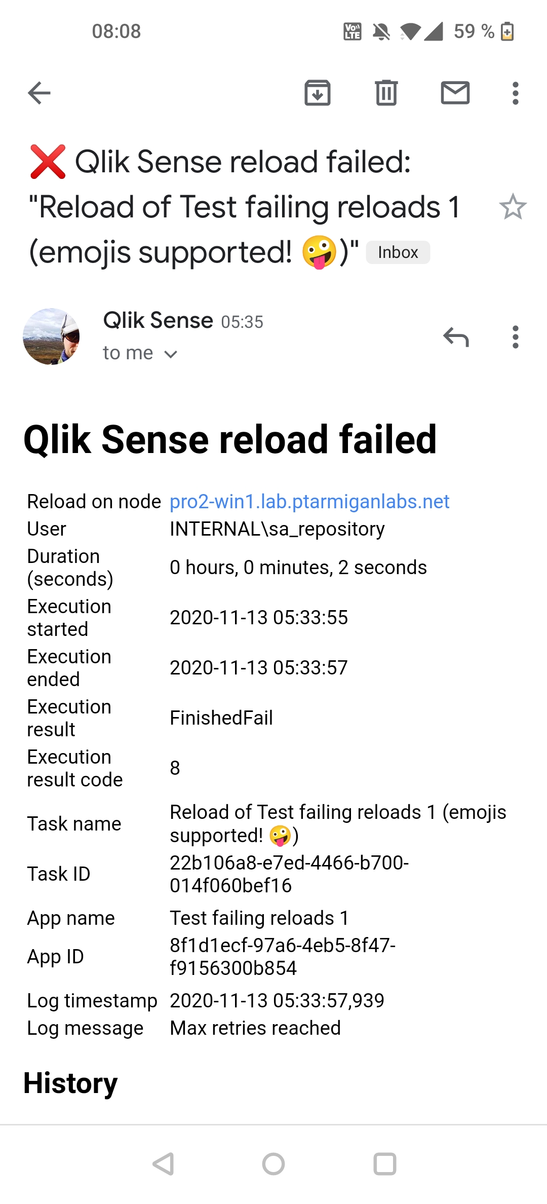 Failed reload alert email viewed on mobile